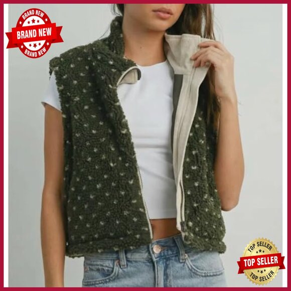 Large Polka Dot Fleece Vest Women Sleeveless High Neck Zipper Loose Fit - Picture 7 of 7